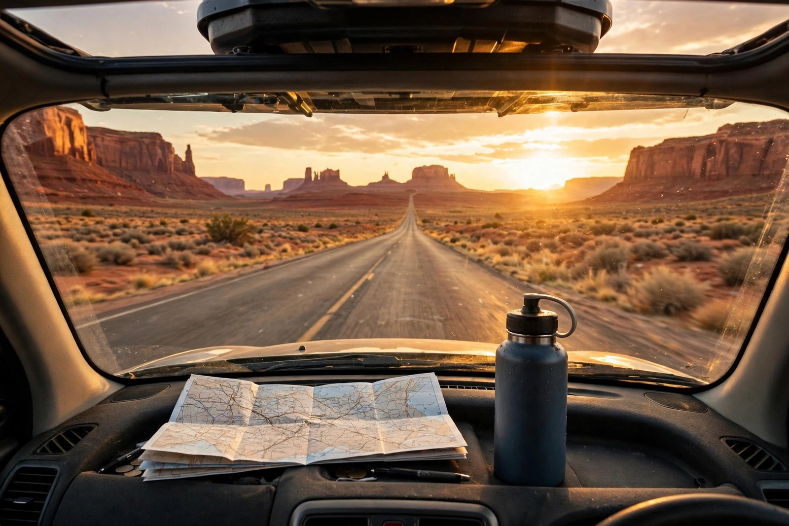 Car driving on a desert highway at sunset — planning a budget road trip in the USA