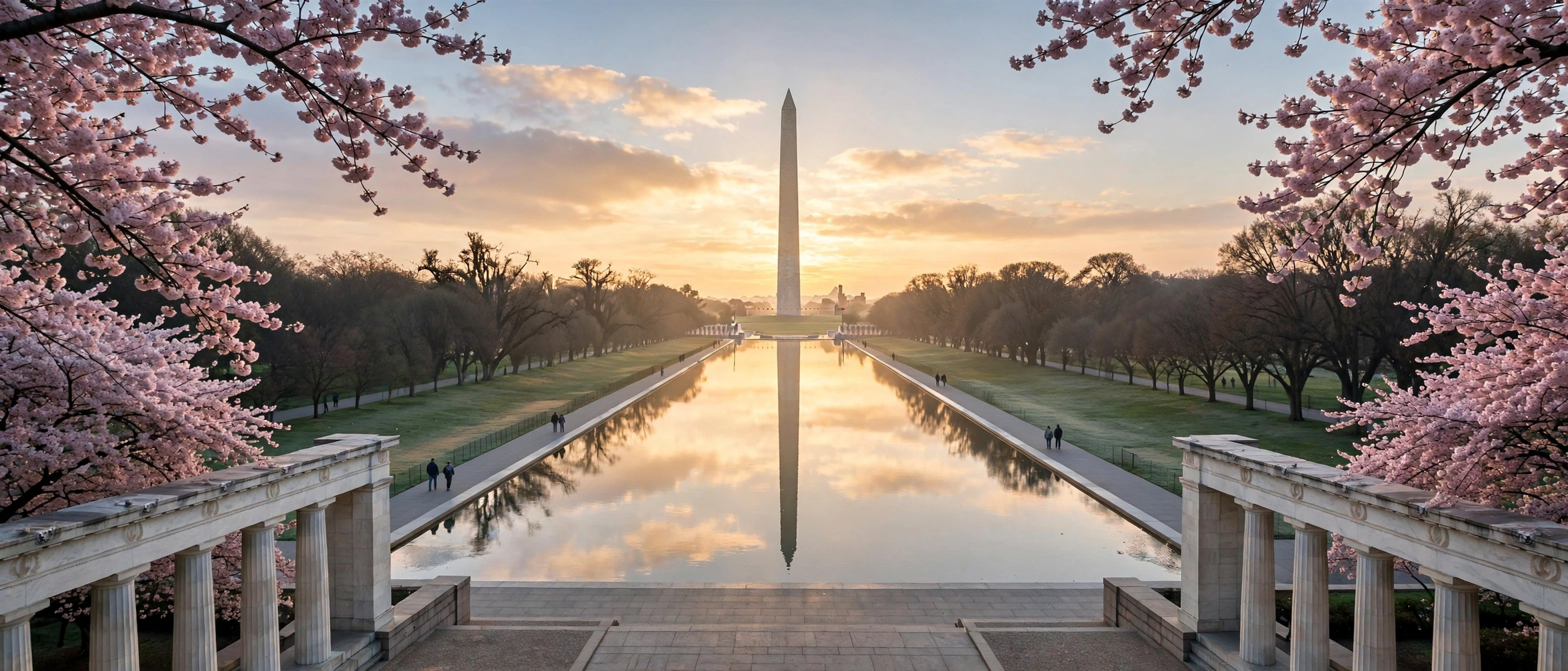 Sunrise over the National Mall in Washington DC with the Washington Monument reflected in the Reflecting Pool